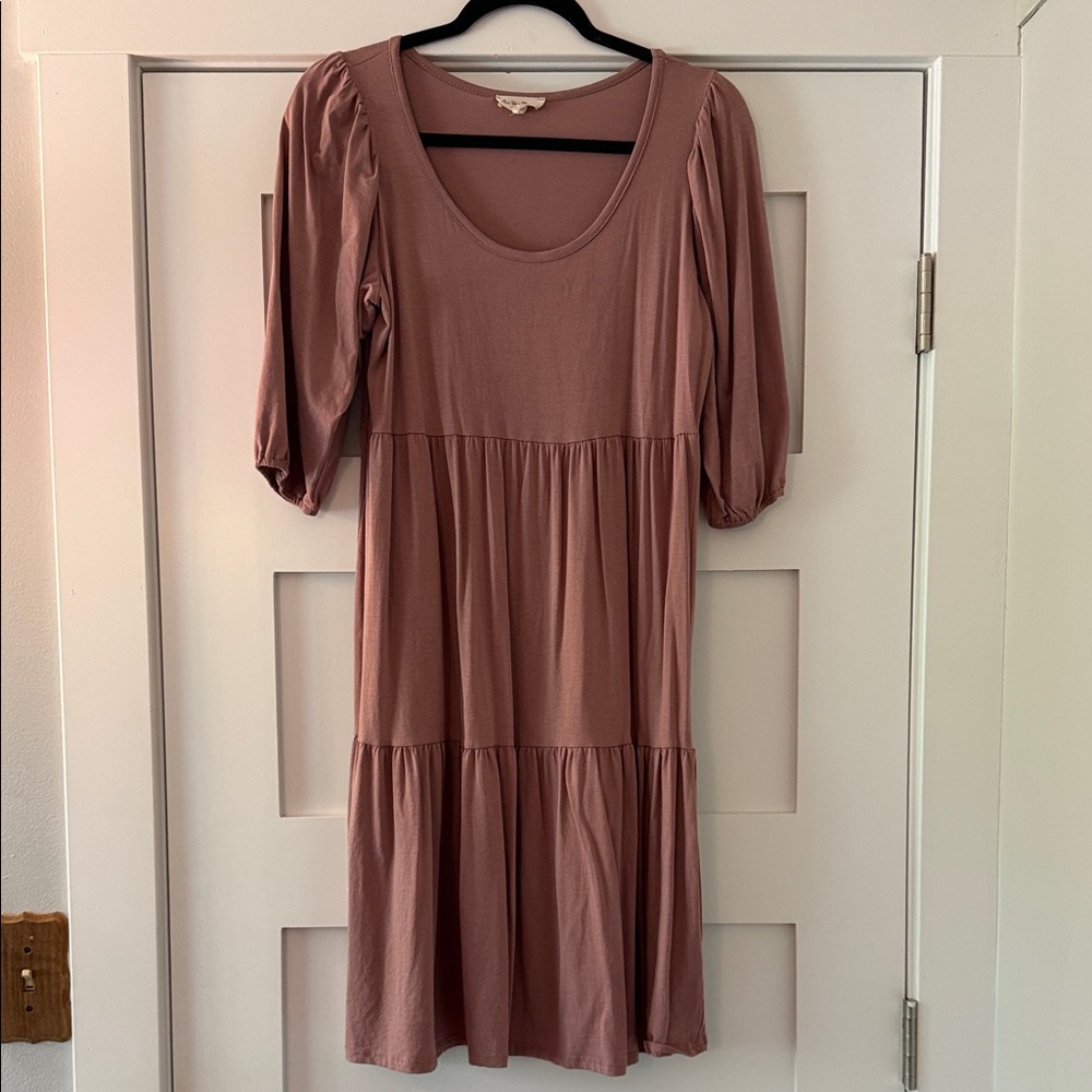 See You Monday Dusty Rose Puff Sleeve Tiered Midi Dress